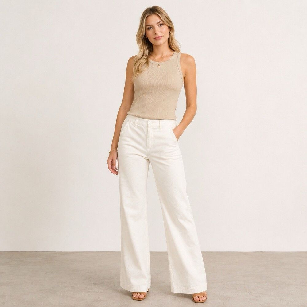 Level 99 Natasha Cream Trouser Pant Women Size 27x33.5 Mid Rise Wide Leg #FA2C94